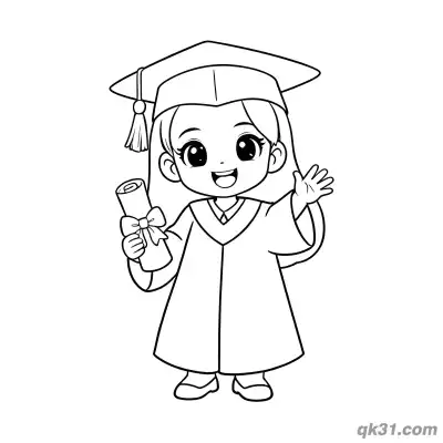 Free printable Long-Haired Graduate Girl Waving with Diploma Coloring Page coloring page