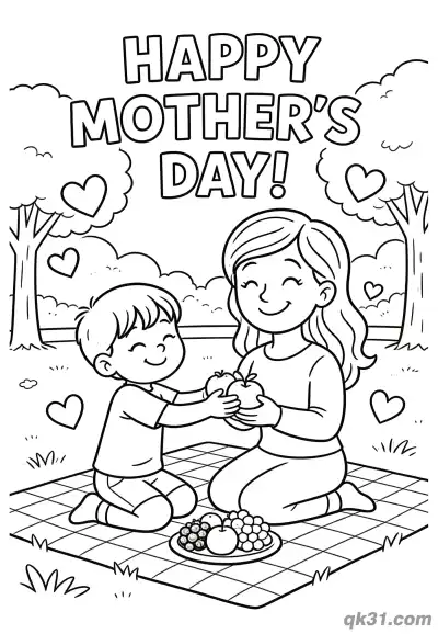 Free printable Boy Giving Apples to Mom Picnic Mother's Day Card Coloring Page coloring page