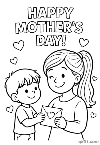 Free printable Boy Giving Heart Envelope to Mom Mother's Day Card Coloring Page coloring page