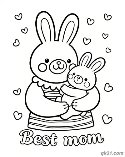 Free printable Bunny Mom and Baby Hugging Best Mom Mother's Day Card Coloring Page coloring page