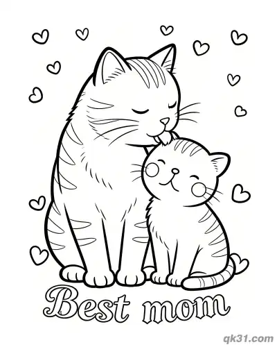 Free printable Cat Mom Grooming Kitten Best Mom Mother's Day Card Coloring Page coloring page