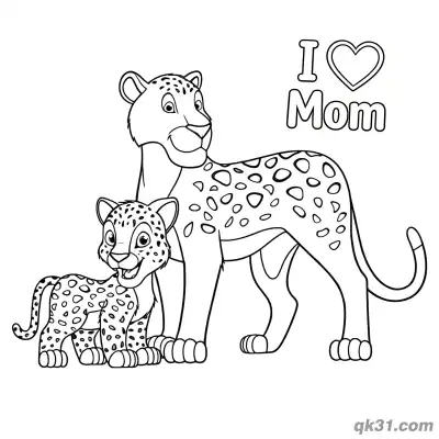 Free printable Cheetah Mom and Cub I Love Mom Coloring Page - Easy for Preschool coloring page