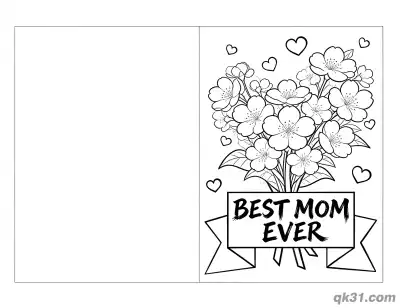 Free printable Cherry Blossoms Best Mom Ever Banner Folded Mother's Day Card Coloring Page coloring page