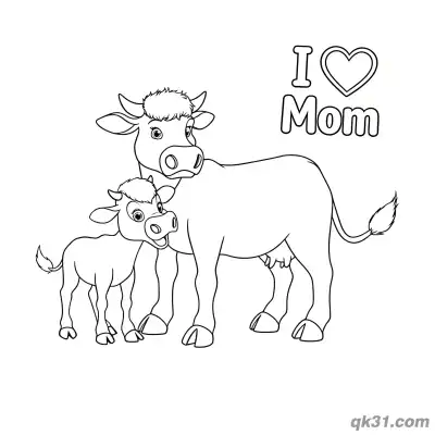 Free printable Cow Mom and Calf I Love Mom Coloring Page - Simple Farm Animal Page coloring page