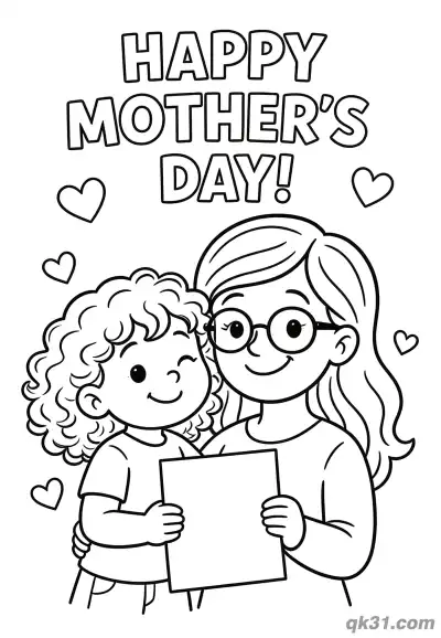 Free printable Curly Haired Girl and Mom with Glasses Showing Card Mother's Day Card Coloring Page coloring page