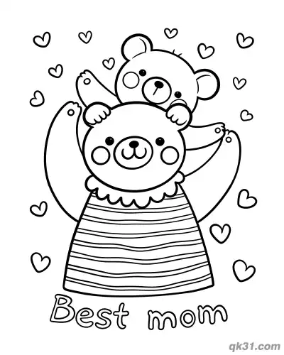 Free printable Cute Bear Mom and Baby Best Mom Mother's Day Card Coloring Page coloring page
