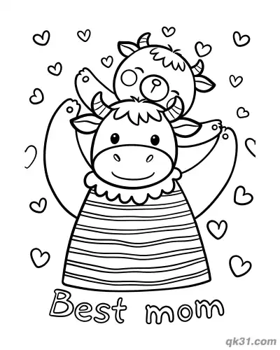 Free printable Cute Cow Mom and Calf Best Mom Mother's Day Card Coloring Page coloring page