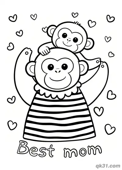 Free printable Cute Monkey Mom and Baby Best Mom Mother's Day Card Coloring Page coloring page