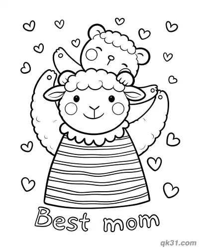 Free printable Cute Sheep Mom and Lamb Best Mom Mother's Day Card Coloring Page coloring page