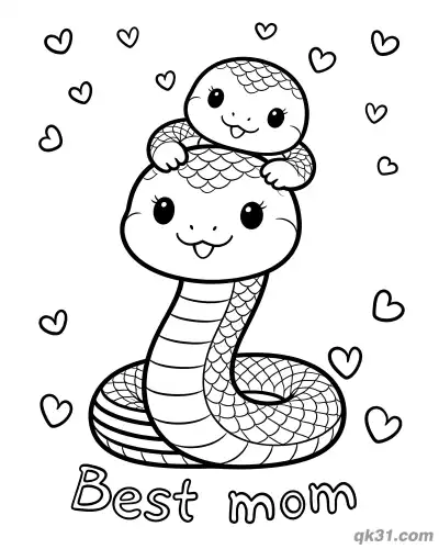 Free printable Cute Snake Mom and Baby Snuggling Best Mom Mother's Day Card Coloring Page coloring page