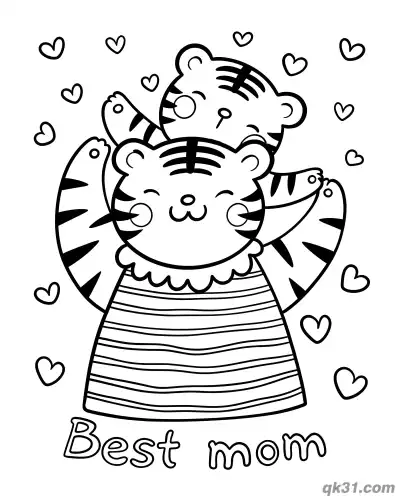 Free printable Cute Tiger Mom and Cub Best Mom Mother's Day Card Coloring Page coloring page