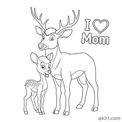 Free printable Deer Mom and Fawn I Love Mom Coloring Page - Easy Forest Animal Page coloring page