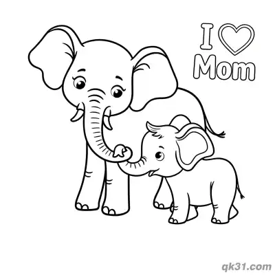 Free printable Elephant Mom and Baby I Love Mom Coloring Page - Fun Activity coloring page