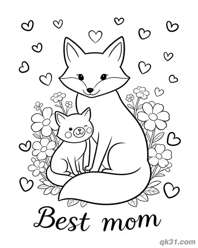 Free printable Fox Mom and Kit in Flowers Best Mom Mother's Day Card Coloring Page coloring page