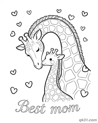 Free printable Giraffe Mom and Calf Nuzzling Best Mom Mother's Day Card Coloring Page coloring page