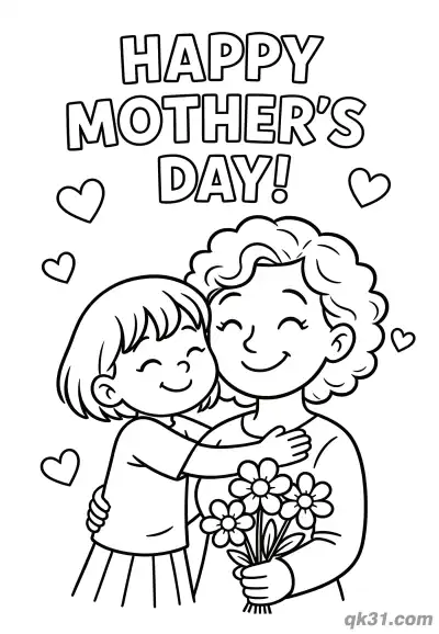 Free printable Girl Hugging Curly Haired Mom with Flowers Mother's Day Card Coloring Page coloring page
