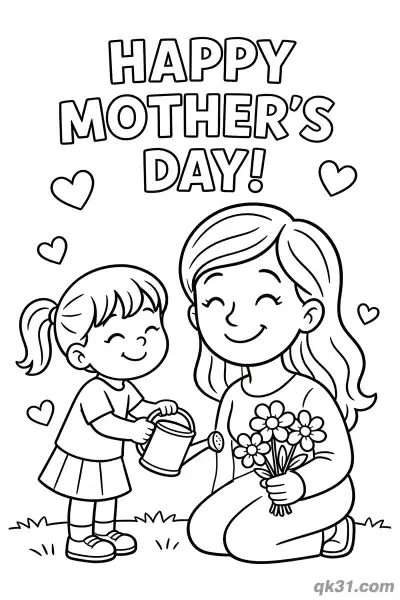 Free printable Girl Watering Flowers for Mom Mother's Day Card Coloring Page coloring page