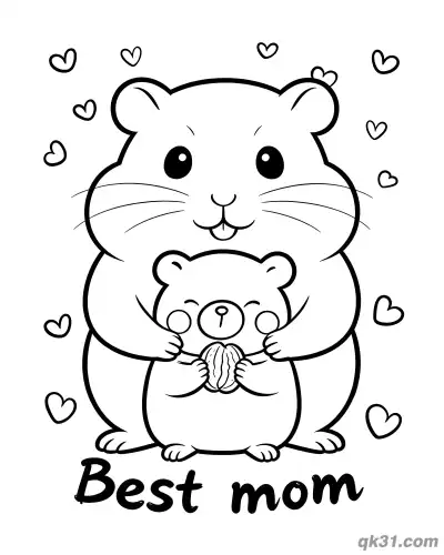Free printable Hamster Mom and Baby Sharing Nut Best Mom Mother's Day Card Coloring Page coloring page