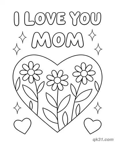 Free printable Heart with Daisies I Love You Mom Mother's Day Card Coloring Page coloring page
