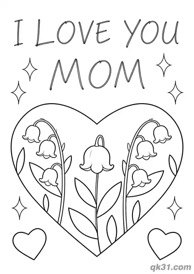 Free printable Heart with Lily of the Valley I Love You Mom Mother's Day Card Coloring Page coloring page