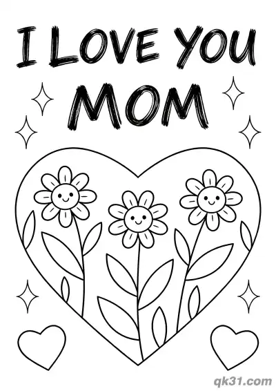Free printable Heart with Smiling Daisies I Love You Mom Mother's Day Card Coloring Page coloring page