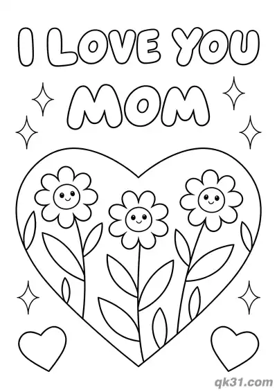 Free printable Heart with Smiling Flowers I Love You Mom Mother's Day Card Coloring Page coloring page