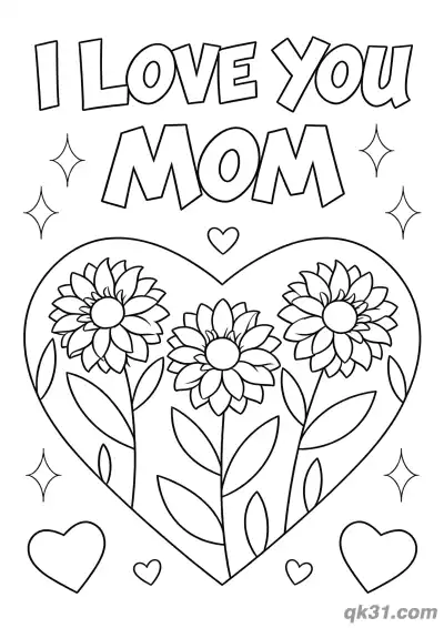Free printable Heart with Sunflowers I Love You Mom Mother's Day Card Coloring Page coloring page
