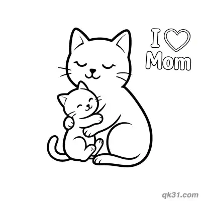 Free printable Hugging Cat Mom and Kitten Coloring Page - I Love Mom Activity coloring page