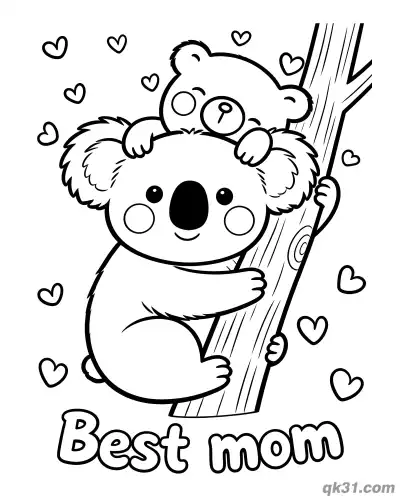 Free printable Koala Mom and Baby Climbing Tree Best Mom Mother's Day Card Coloring Page coloring page