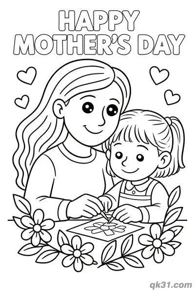 Free printable Mother and Daughter Drawing Together Mother's Day Card Coloring Page coloring page