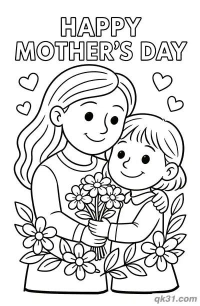 Free printable Mother and Daughter Holding Bouquet Together Mother's Day Card Coloring Page coloring page