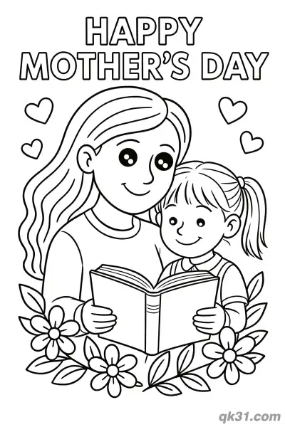 Free printable Mother and Daughter Reading Storybook Mother's Day Card Coloring Page coloring page