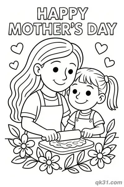 Free printable Mother and Daughter Rolling Dough Together Mother's Day Card Coloring Page coloring page