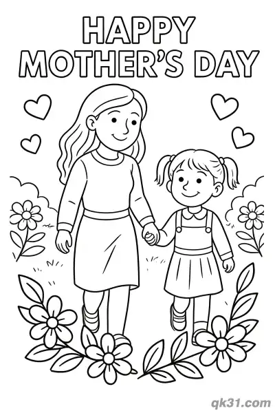 Free printable Mother and Daughter Walking Hand in Hand Mother's Day Card Coloring Page coloring page