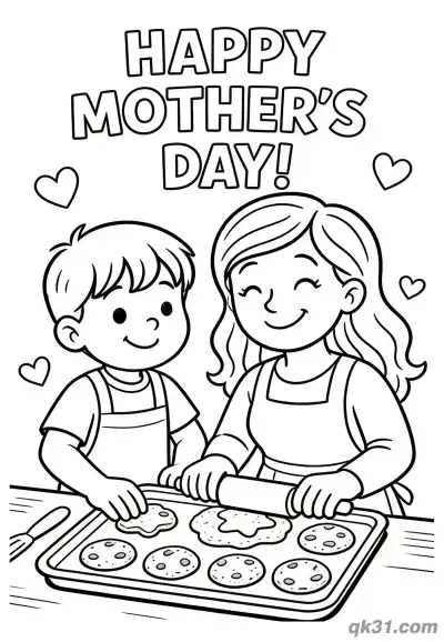 Free printable Mother and Son Baking Cookies Together Mother's Day Card Coloring Page coloring page