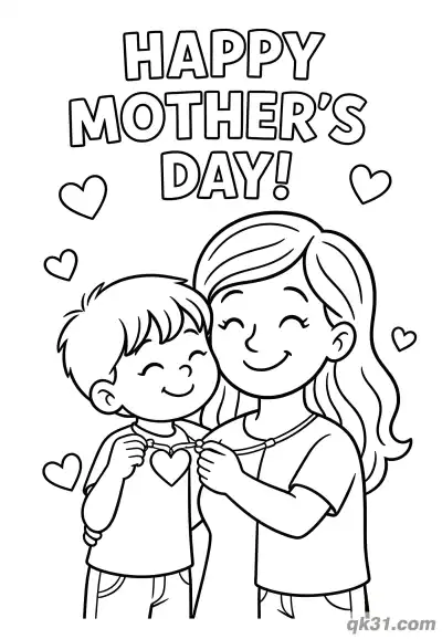 Free printable Mother and Son Wearing Heart Necklace Mother's Day Card Coloring Page coloring page