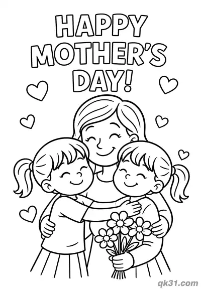 Free printable Mother Hugging Two Daughters with Flowers Mother's Day Card Coloring Page coloring page