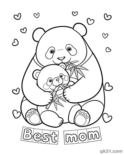 Free printable Panda Mom and Baby Eating Bamboo Best Mom Mother's Day Card Coloring Page coloring page