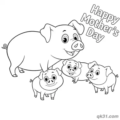 Free printable Pig Mom with Three Piglets Coloring Page - Easy Farm Animal Activity coloring page