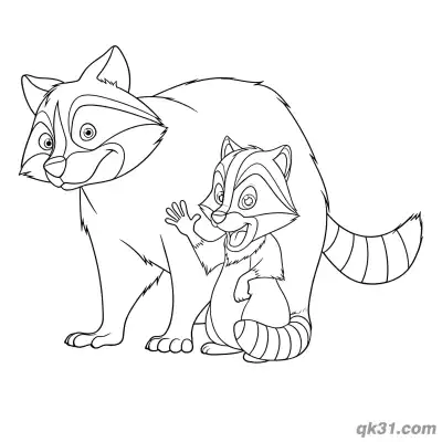 Free printable Raccoon Mom with Waving Baby Coloring Page - Cute Forest Animal Page coloring page