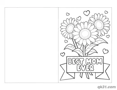 Free printable Sunflowers with Best Mom Ever Banner Folded Mother's Day Card Coloring Page coloring page