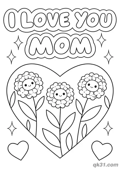 Free printable Sweet Flowers Heart I Love You Mom Mother's Day Card Coloring Page coloring page
