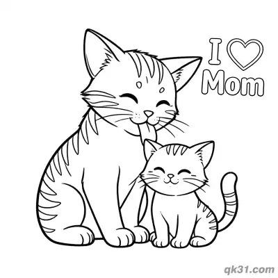 Free printable Tabby Cat Mom and Kitten Coloring Page - I Love Mom Easy Sheet coloring page
