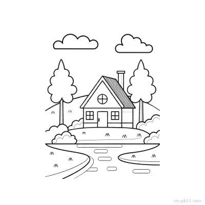 Free printable House by the Path with Trees  Coloring Page - Free PDF Printable House Coloring Sheets coloring page