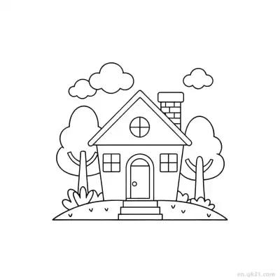 Free printable Linear Style House with Trees and Clouds  Coloring Page - Free PDF Printable House Coloring Sheets coloring page