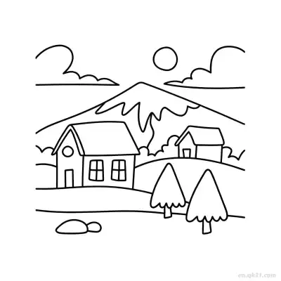 Free printable Simple Mountain House Landscape  Coloring Page - Free PDF Printable House Coloring Sheets coloring page