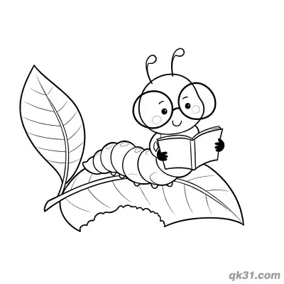 Caterpillar Reading on Leaf with Glasses Coloring Page