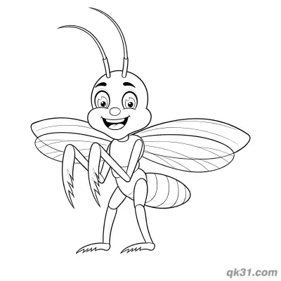 Free printable Smiling Praying Mantis with Transparent Wings Coloring Page coloring page
