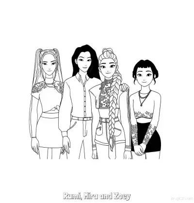 Free printable Rumi, Mira and Zoey  Coloring Page - Free Printable KPop Demon Hunters PDFS Coloring Sheets coloring page