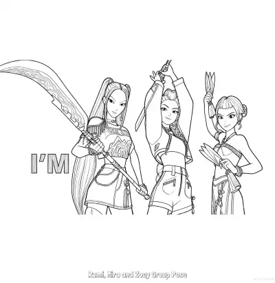 Free printable KPop Demon Hunters Trio Weapons Pose Coloring Page coloring page